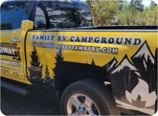 Image of a wrapped Truck from AJ's Getaway RV